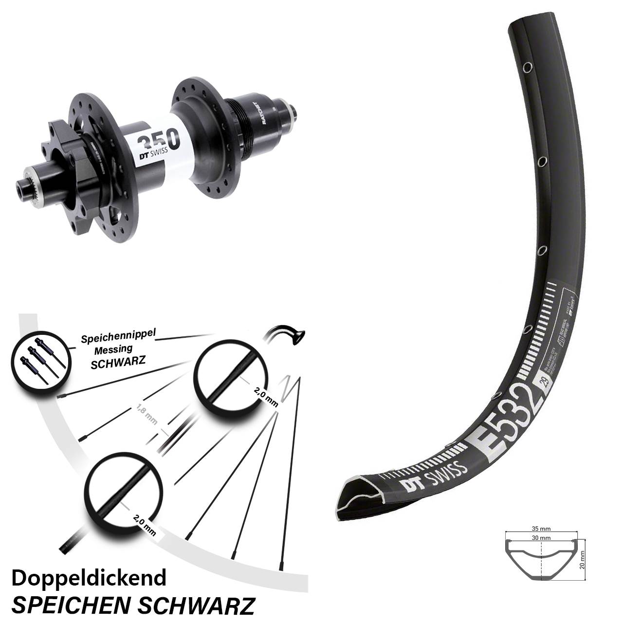 29 Zoll DT Swiss E 532-350 Boost 6-Loch Hinterrad für Schnellspanner Boost XD 11-12 fach