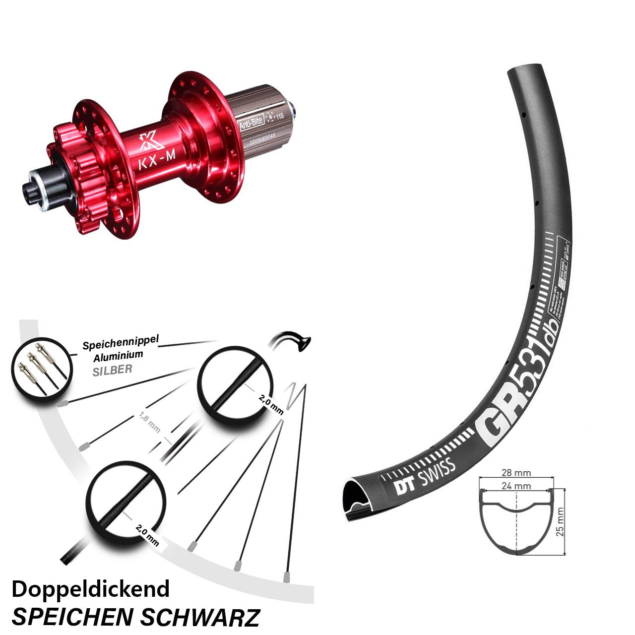 27,5 Zoll DT Swiss GR531 KX-M rot Disc Laufrad QR 8-12 fach HG