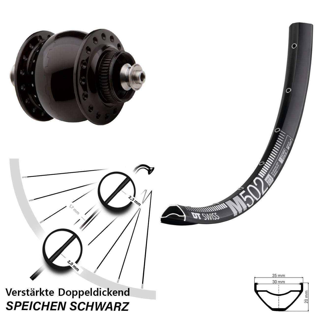 SON 28 DT Swiss M502 27,5 Zoll Nabendynamovorderrad Centerlock QR