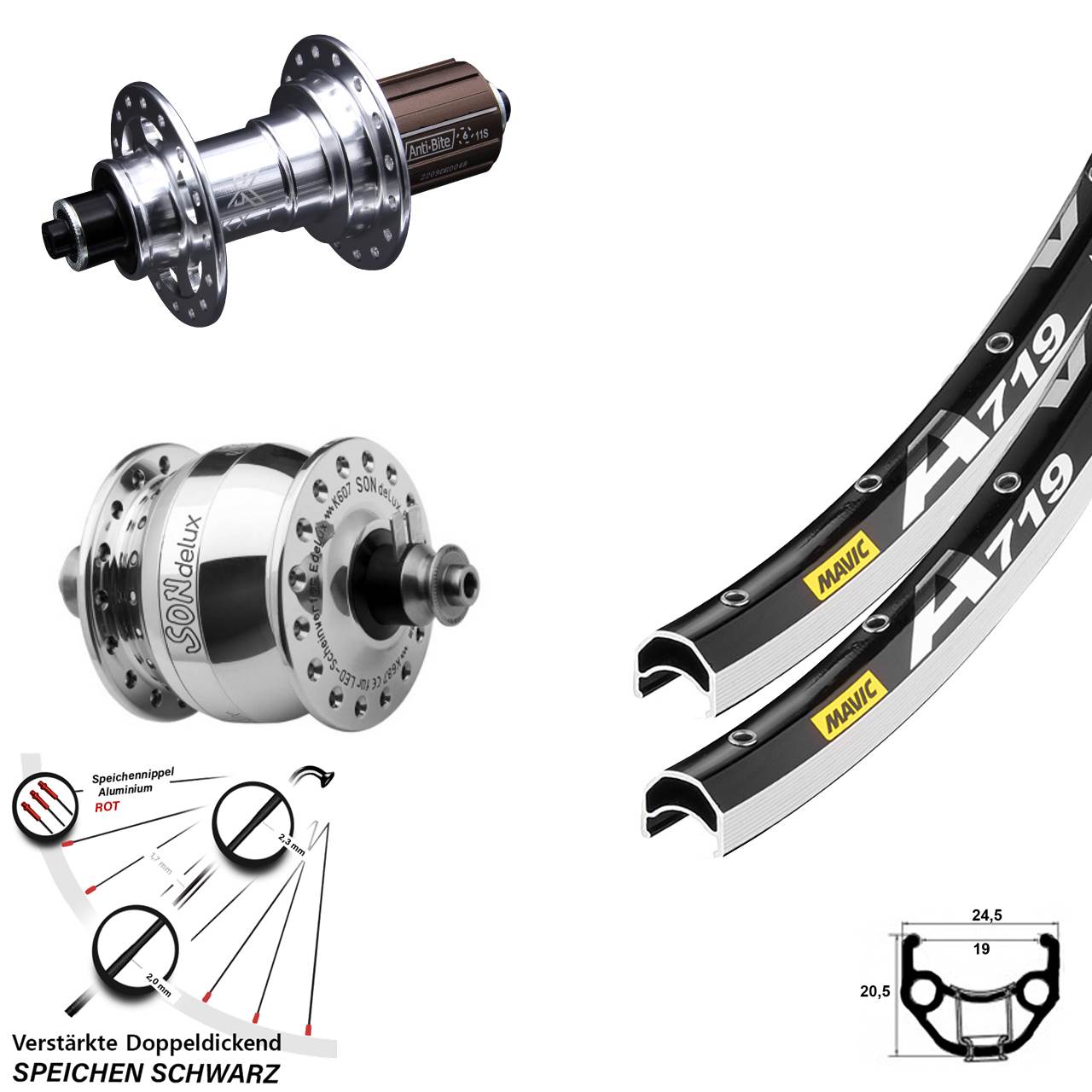 28 Zoll Mavic A719 KX-T SON delux Laufradsatz für Schnellspanner 8-12 fach