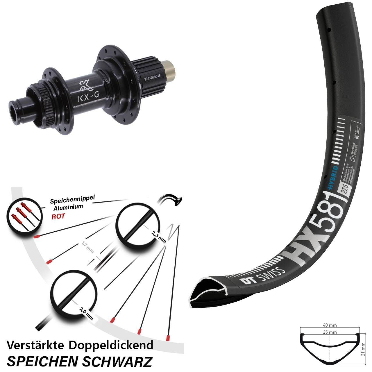 Disc Hinterrad 27,5 Zoll DT Swiss HX581 KX-G Shimano Micro Spline 12x142