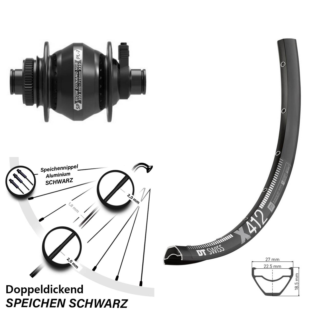 Nabendynamovorderrad Centerlock 12x100 28-29 Zoll DT Swiss X412 Shutter PL-7