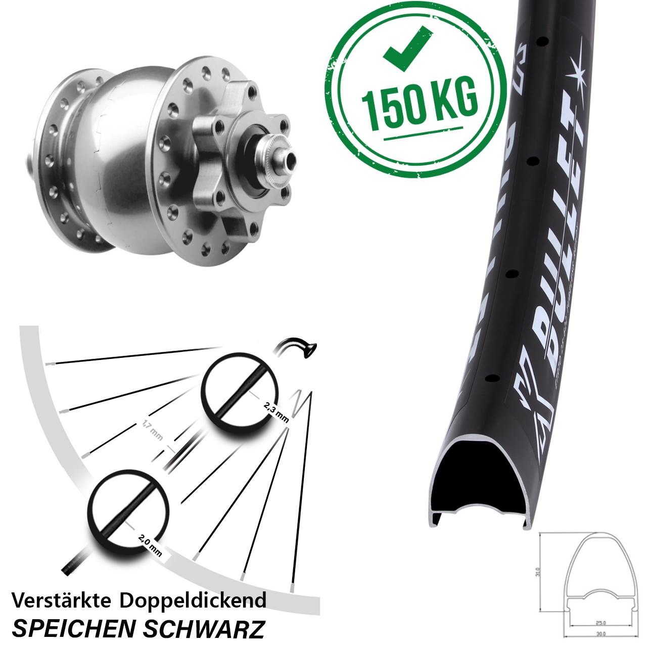 Nabendynamovorderrad 6-Loch für Schnellspanner 29 Zoll KX Bullet SON 28
