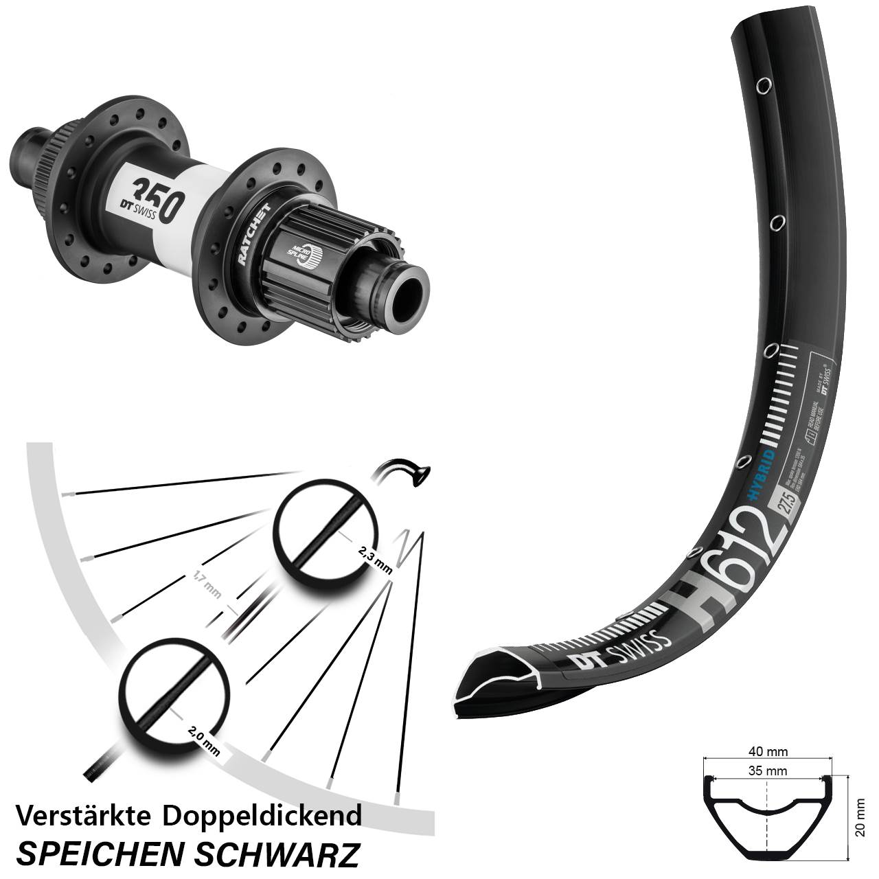 DT Swiss H 612-350 27,5 Zoll Disc Laufrad 12x148 Shimano Micro Spline