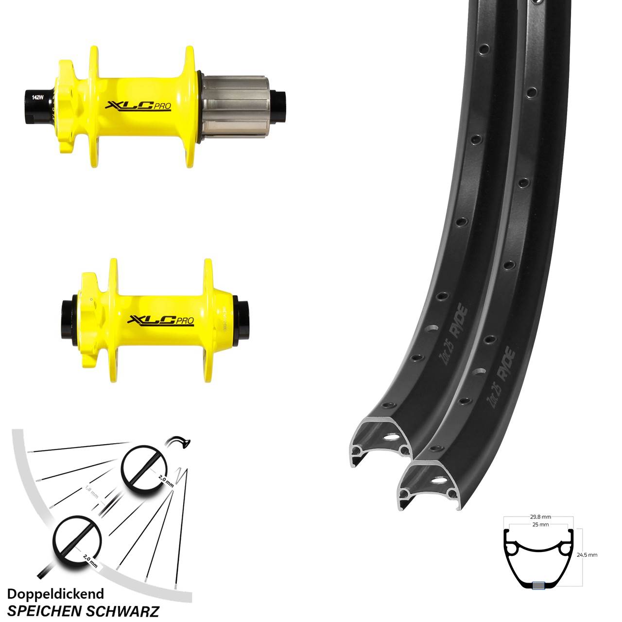 Ryde ZAC 25 XLC Pro gelb 29 Zoll 6-Loch Laufradsatz 15x100 12x142 8-11 fach HG