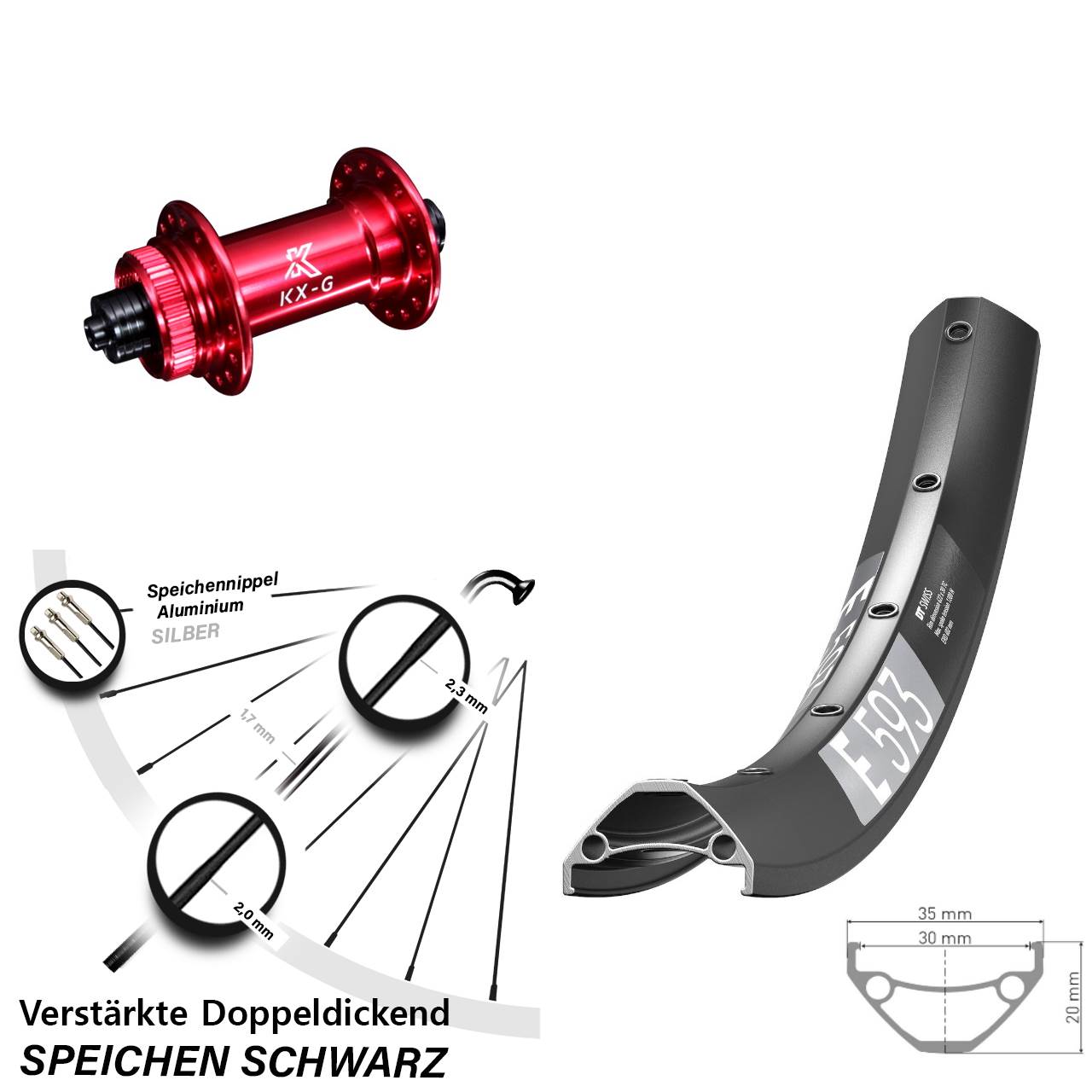27,5 Zoll DT Swiss E 593 KX-G rot Centerlock Vorderrad für Schnellspanner