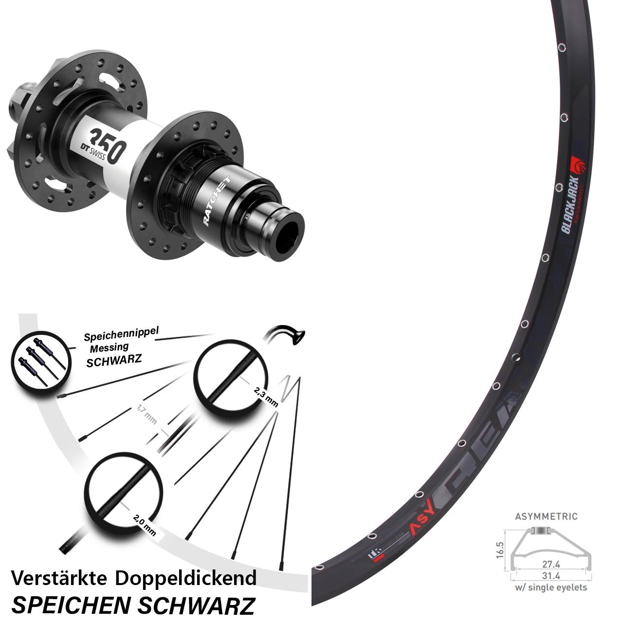 27,5 Zoll Rodi Ready 27 DT Swiss 350 Ratchet 36 Hinterrad 6-Loch 12x142 XD 11-12 fach
