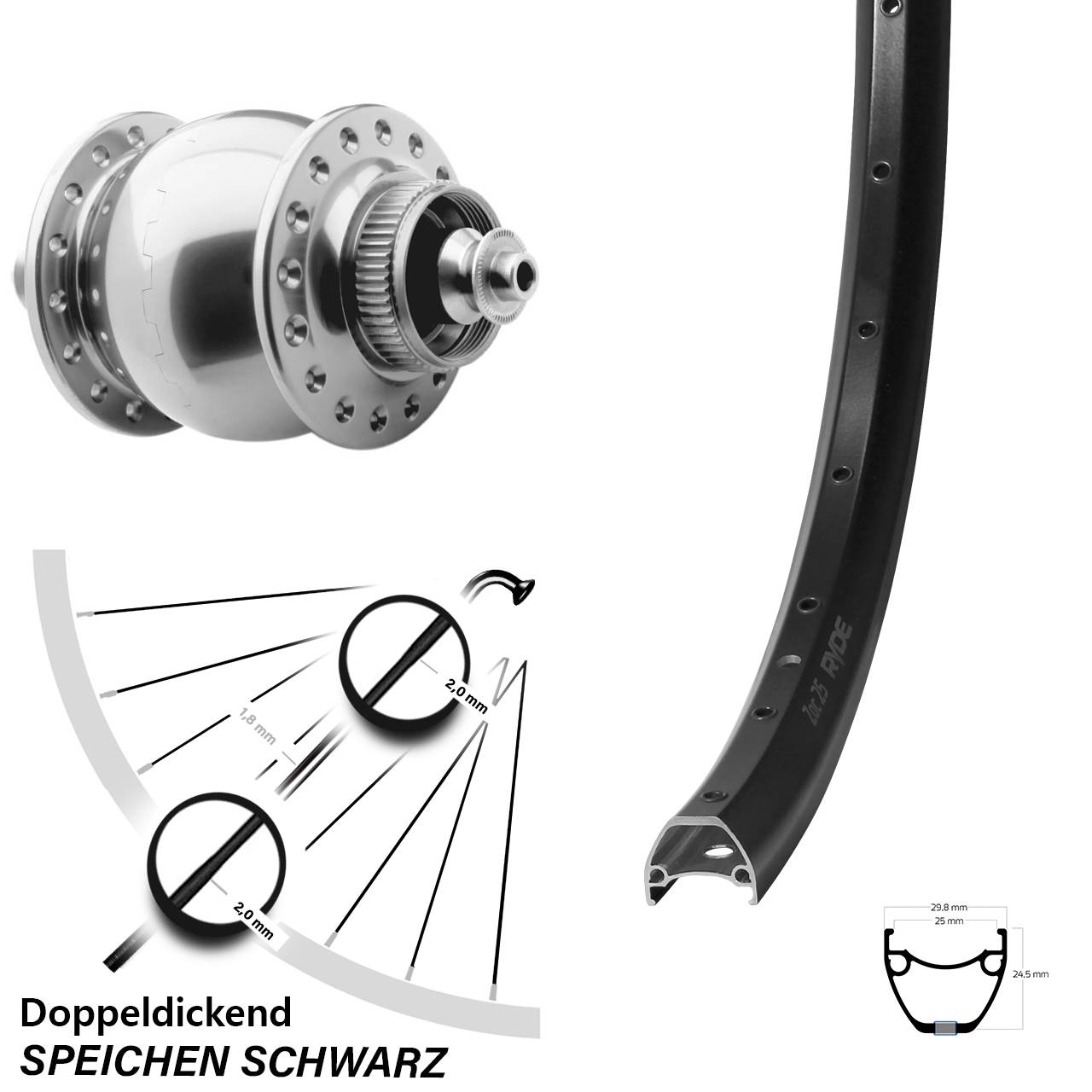 Nabendynamo-Vorderrad Centerlock 29 Zoll Ryde ZAC 25 SON 28 silbern für Schnellspanner