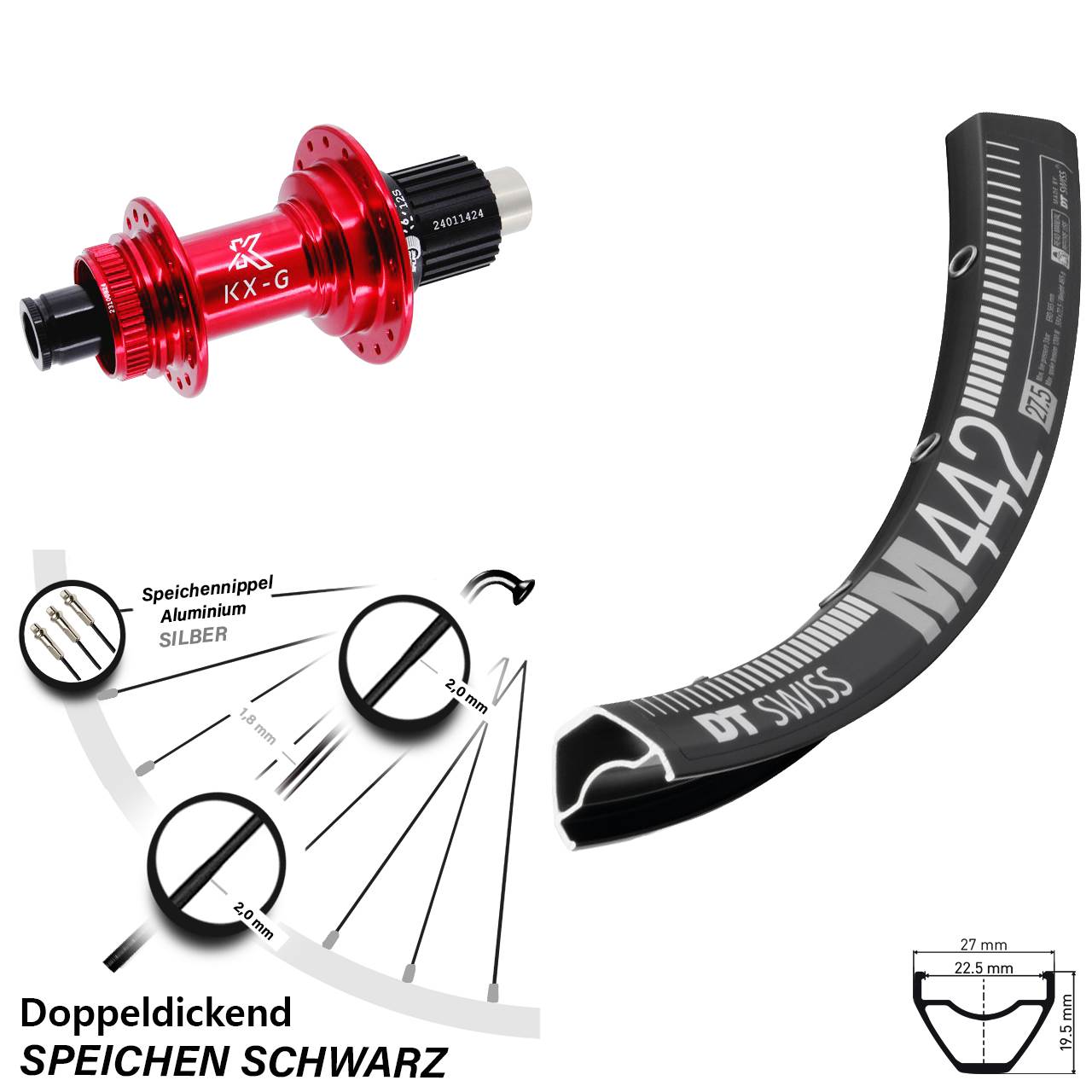 DT Swiss M 442 28 Zoll Hinterrad KX-G rot Micro Spline 12x142