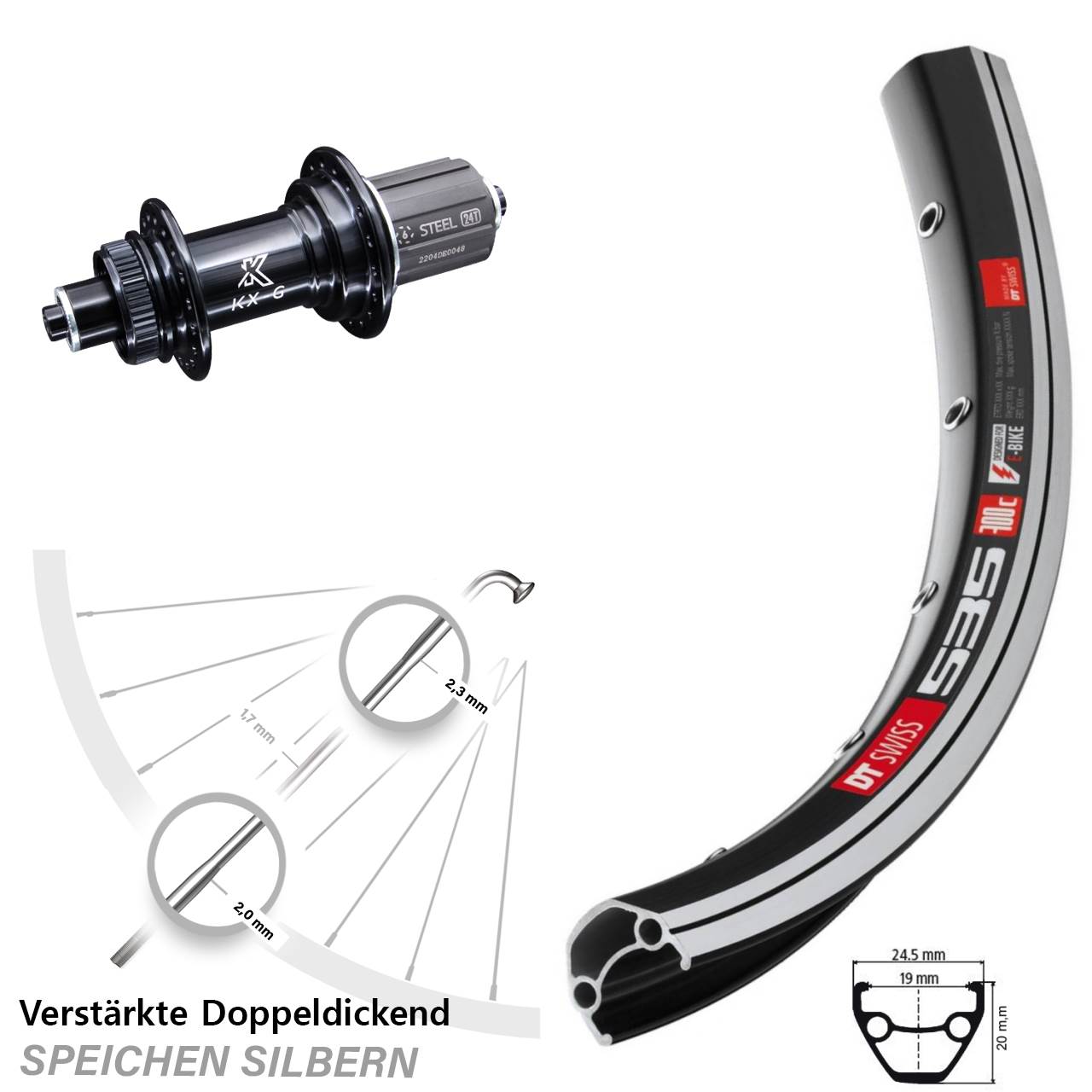 KX-GS DT Swiss 535 Hinterrad 28 Zoll verstärkt für Schnellspanner 8-12 fach
