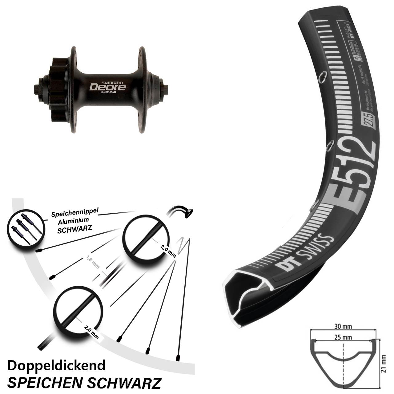 650B DT Swiss E512 Shimano Deore Vorderrad 6-Loch für Schnellspanner