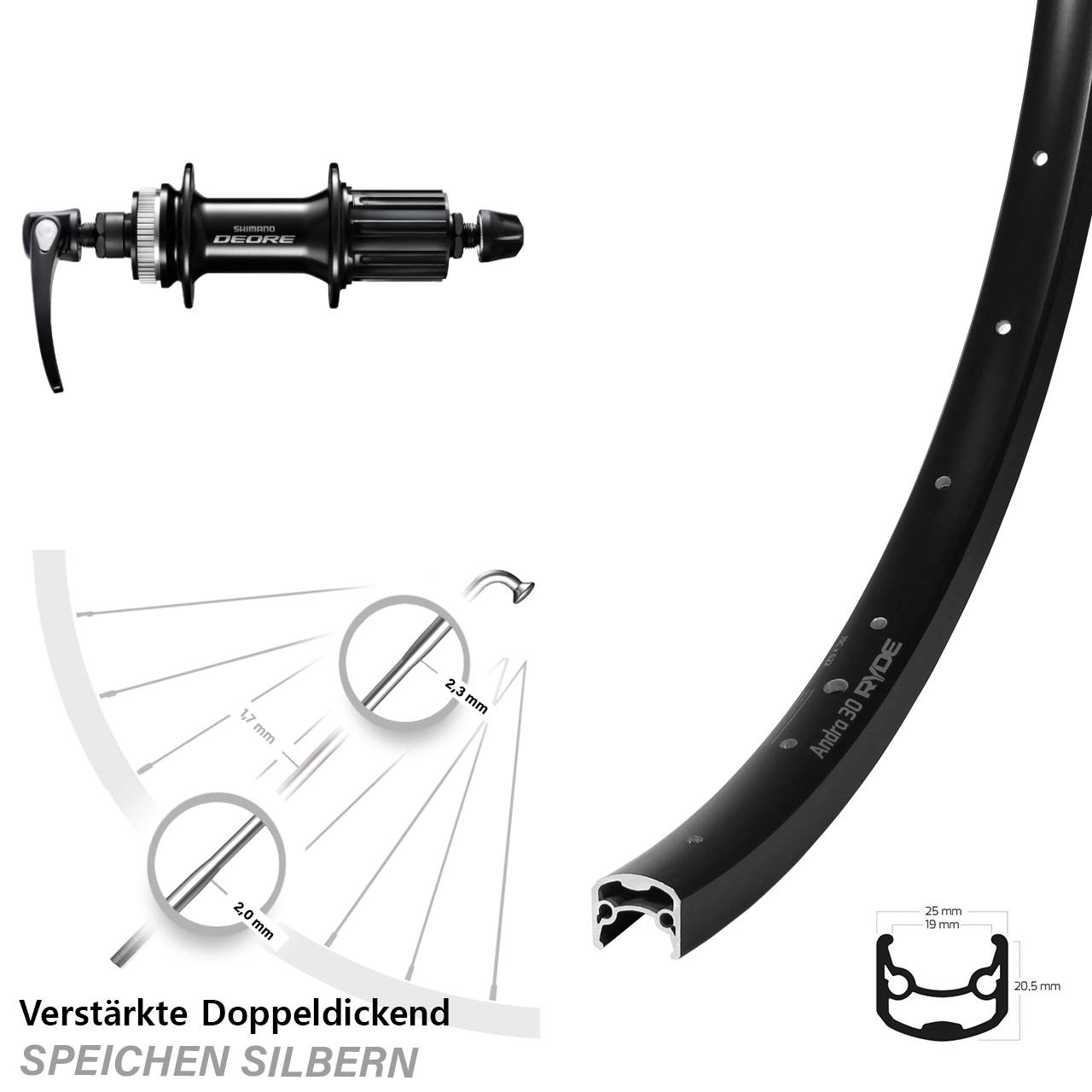 Hinterrad 28 Zoll Ryde Andra 30 Shimano Deore FH-M6000 QR 8-11 fach