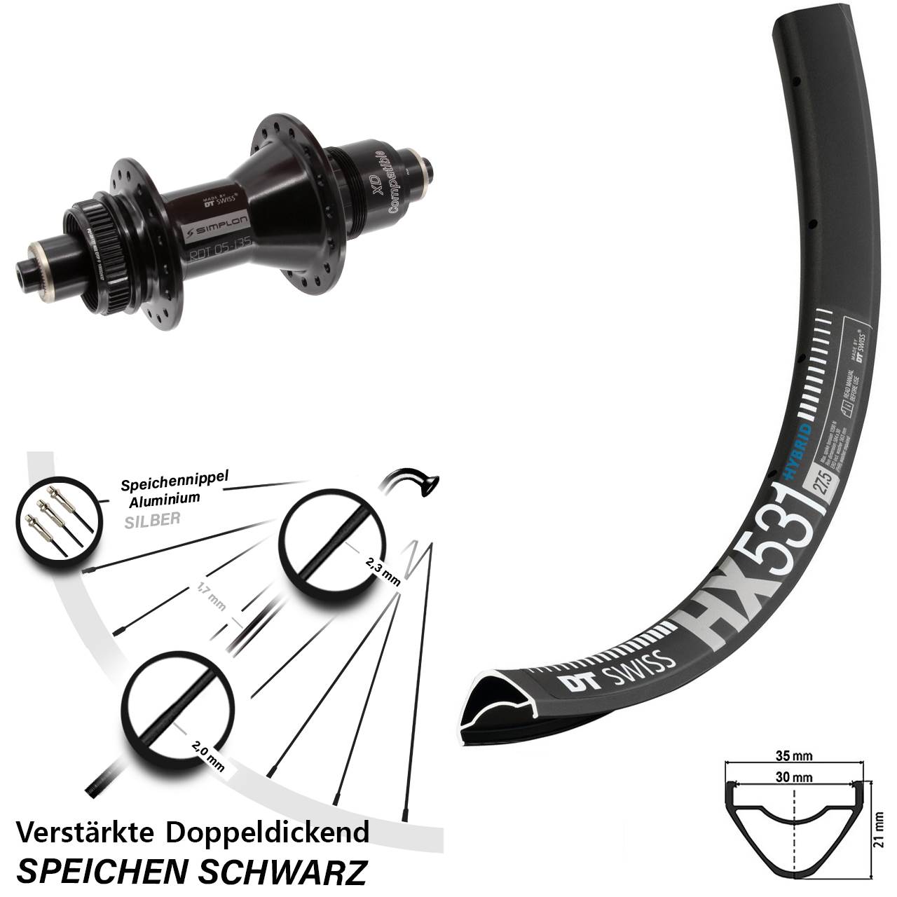 Disc Laufrad 29 Zoll DT Swiss HX531-370 XD für Schnellspanner