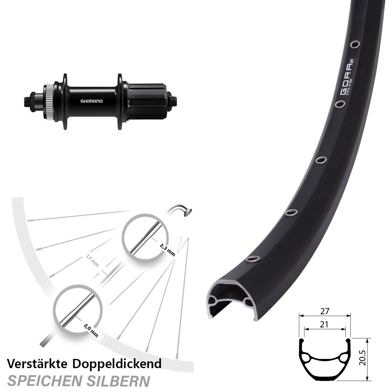 29 Zoll Gora 21 Shimano FH-QC400 Disc Laufrad für Schnellspanner 8-11 fach