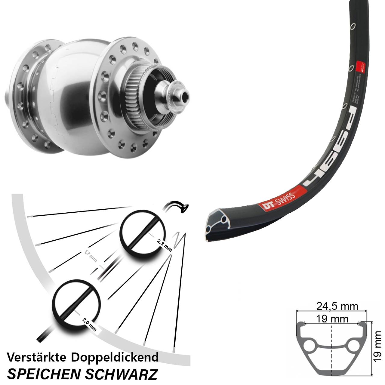SON 28 DT Swiss 466d 28 Zoll Nabendynamovorderrad Centerlock für Schnellspanner