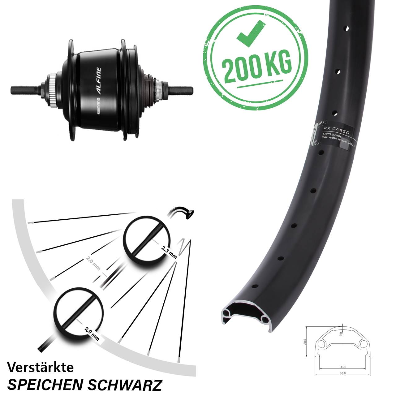 KX Cargo 27,5 Zoll Hinterrad Shimano Alfine 8 Gang schwarz Lastenrad breite Felge