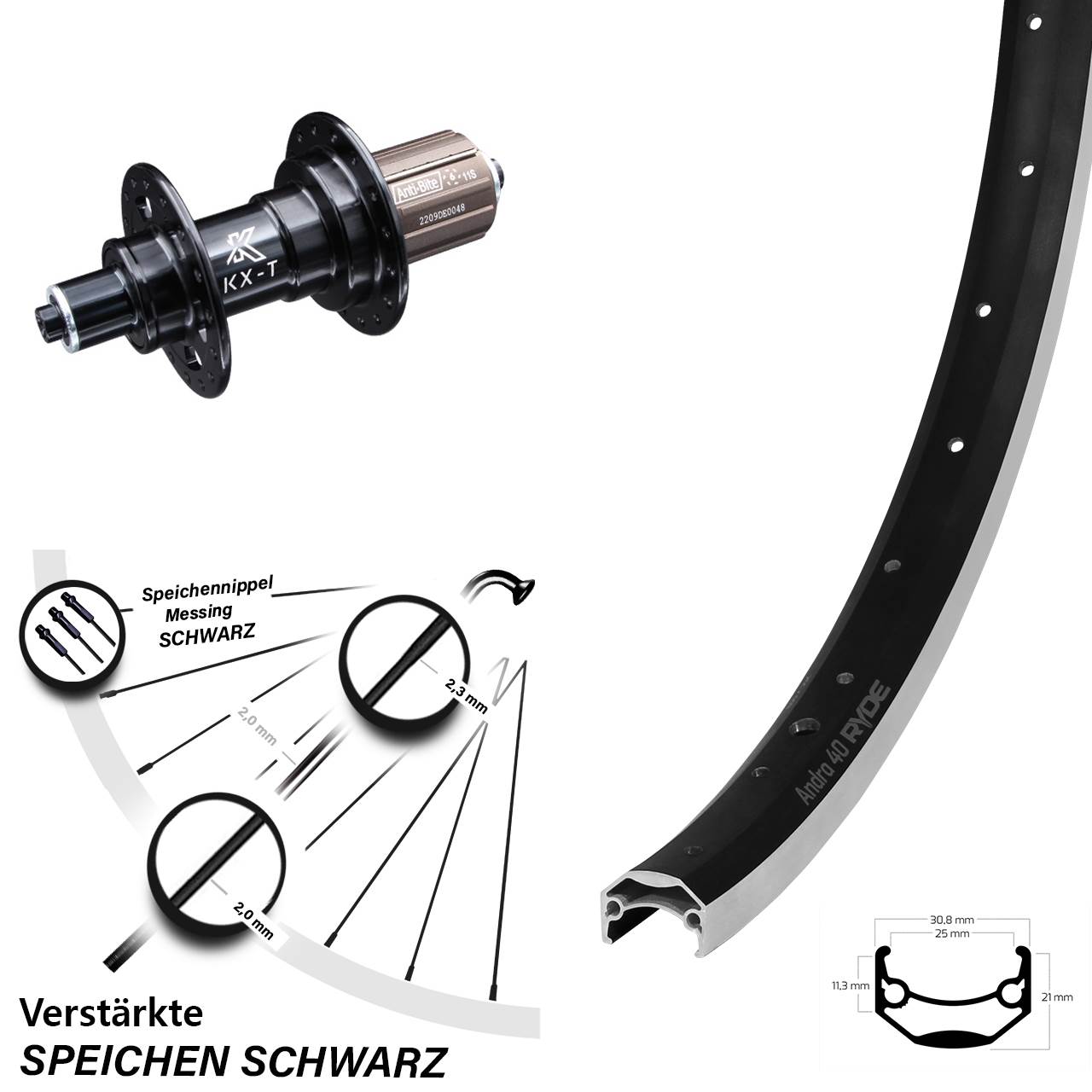 KX-T Nabe 135 mm Ryde Andra 40 Hinterrad 20 Zoll Lastenrad verstärkt 8-11 fach