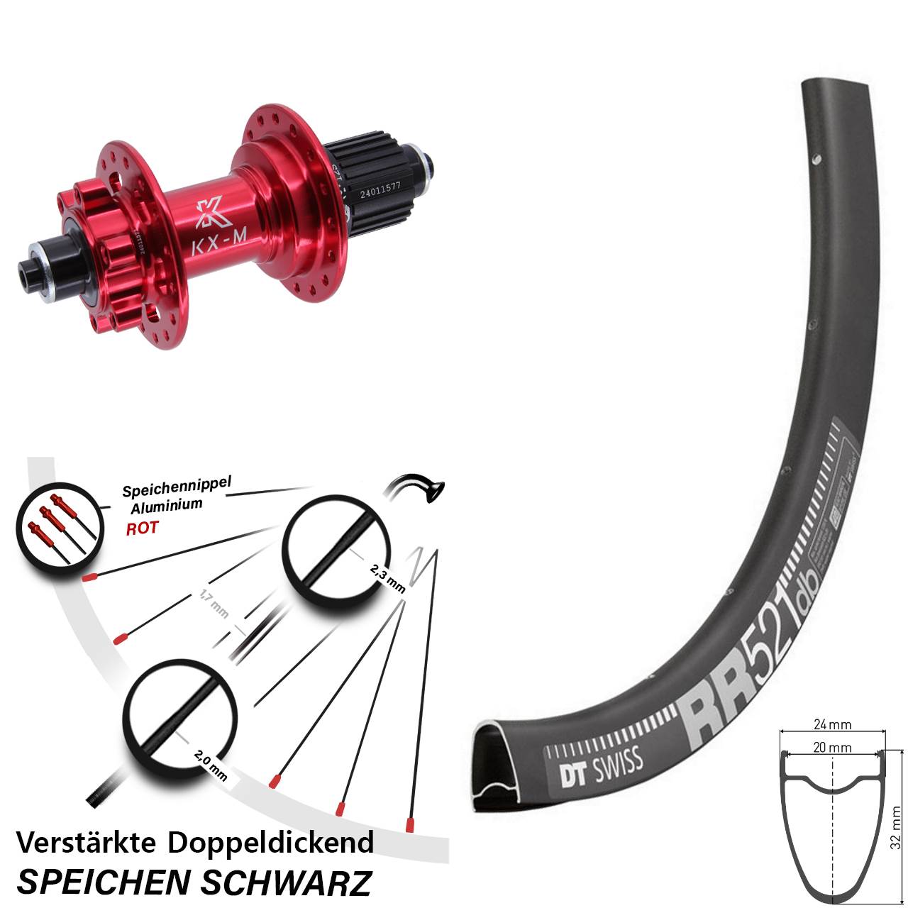 Disc Hinterrad 28 Zoll DT Swiss RR521 KX-M rot Micro Spline QR
