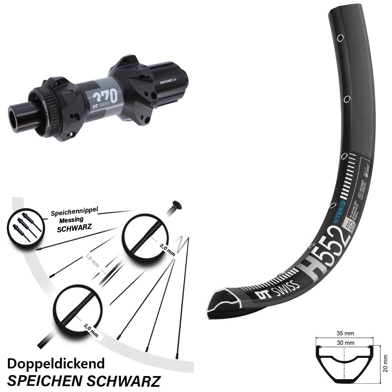 27,5 Zoll DT Swiss H 552-370 Hinterrad Centerlock 12x148 8-11 fach