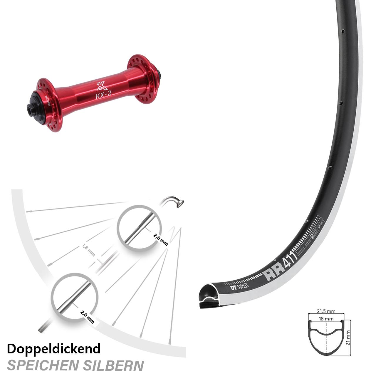 28 Zoll DT Swiss RR 411 CNC KX-R Laufrad für Schnellspanner