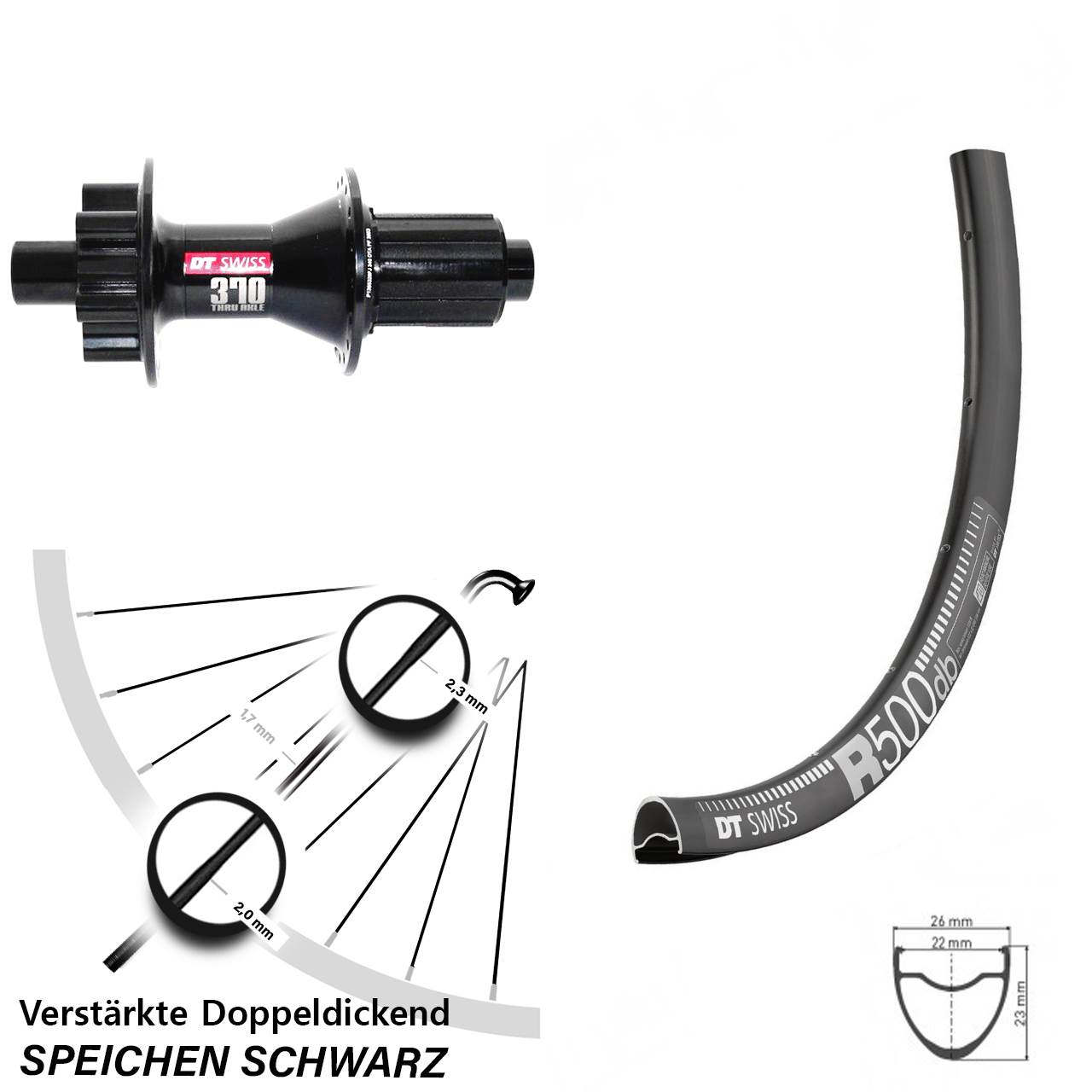 Hinterrad 28 Zoll DT Swiss R 500-370 Hybrid 6-Loch 8-11 fach HG 12x142