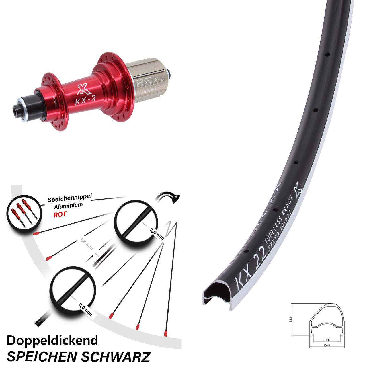 KX-R 22 OS 28 Zoll Laufrad hinten für Schnellspanner 8-12 fach HG
