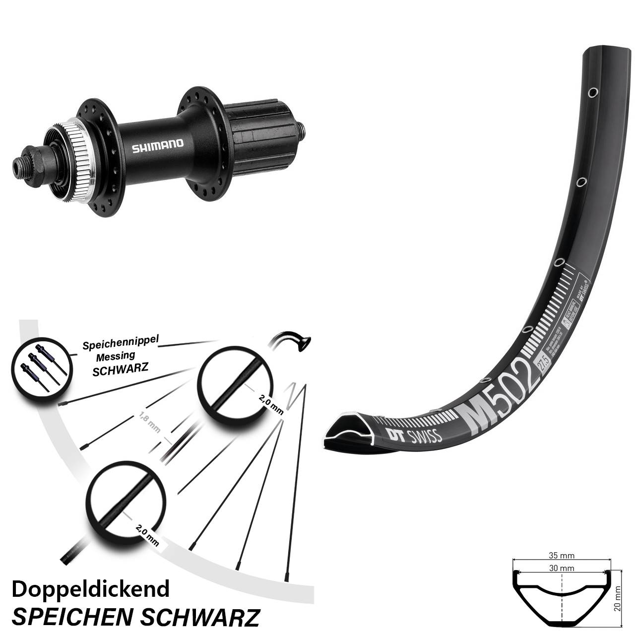 27,5 Zoll DT Swiss M502 Shimano Alivio Disc Hinterrad für Schnellspanner 8-11 fach