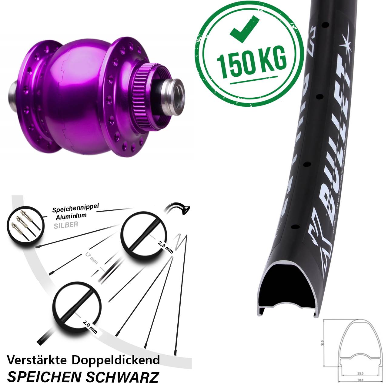 SON 28 violett KX Bullet Zoll Disc Vorderrad mit Nabendynamo 12x100