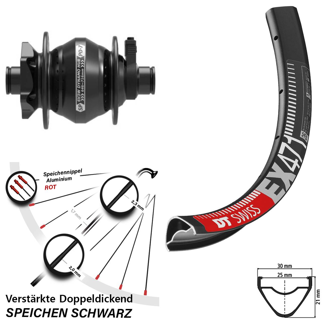 Disc Laufrad mit Nabendynamo 27,5 Zoll DT Swiss EX 471 Shutter PD-7 12x100