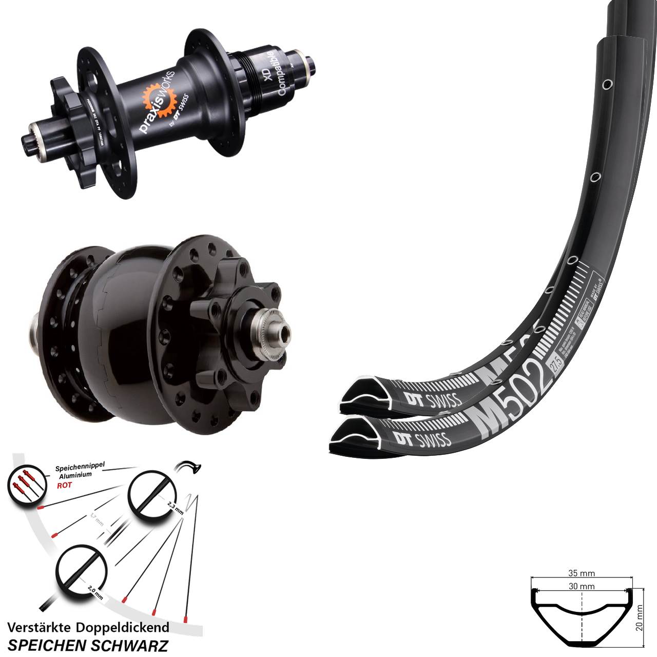 DT Swiss M 502-350 SON 28 29 Zoll Laufradsatz 6-Loch für Schnellspanner XD