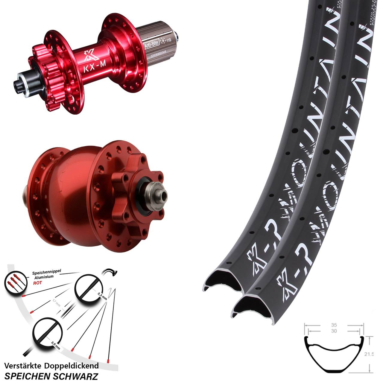 Disc Laufrad-Satz QR 29 Zoll KX-R Mountain Dynamo SON 28 rot 8-12 fach
