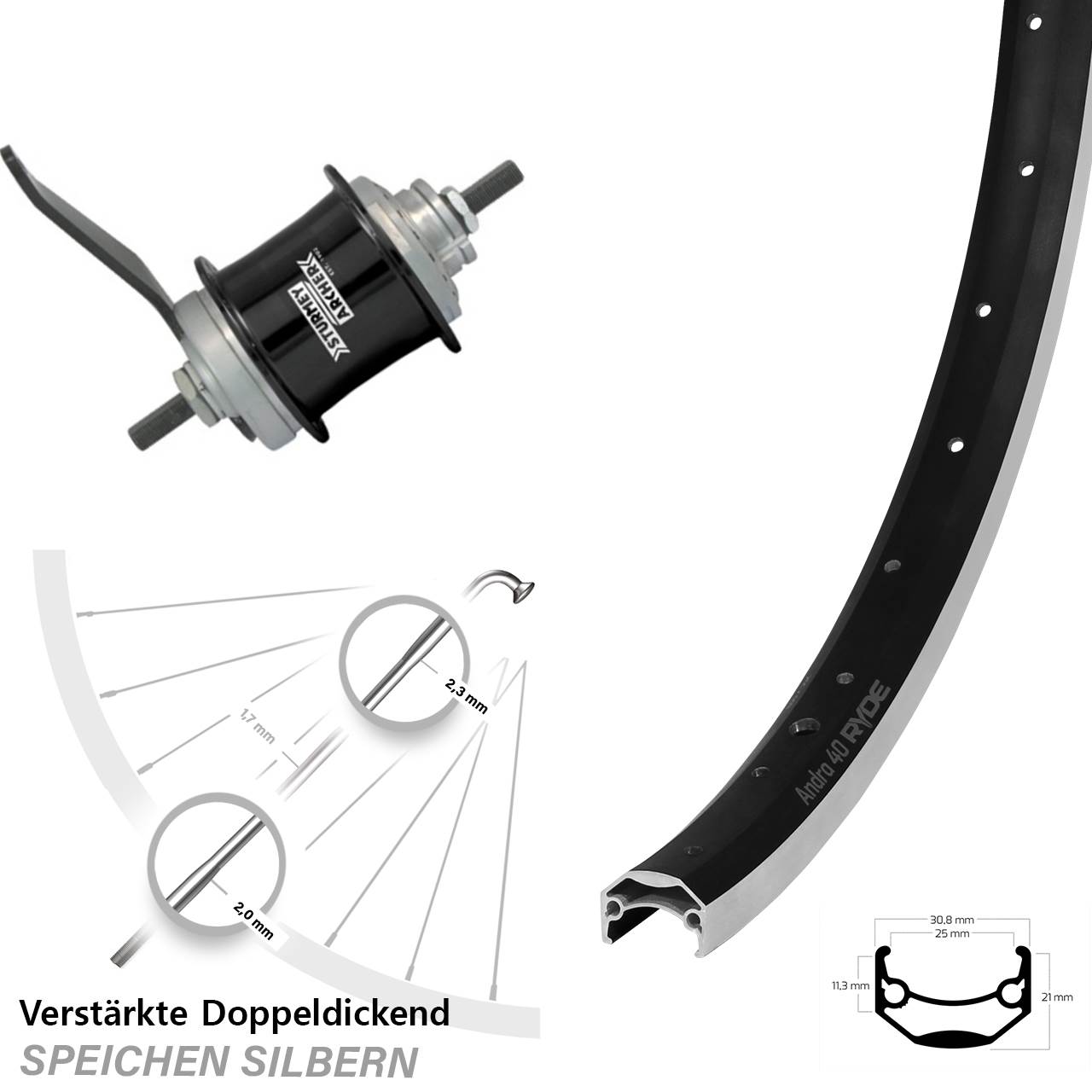 Sturmey Archer Duomatic Kickshift 28 Zoll Ryde Andra 40 Hinterrad schwarz