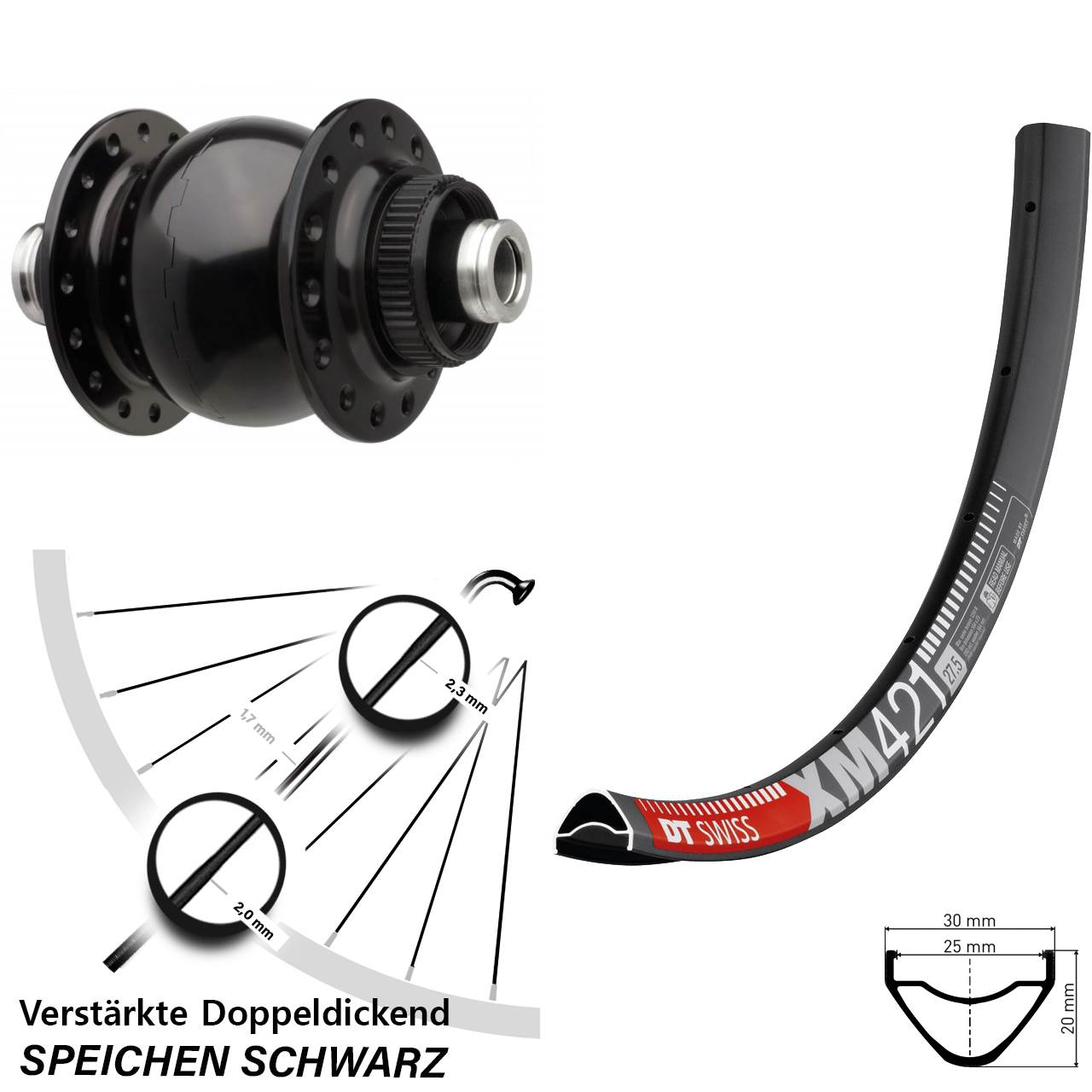 Boost Disc Vorderrad mit Nabendynamo 12x110 27,5 Zoll DT Swiss XM 421 SON 28