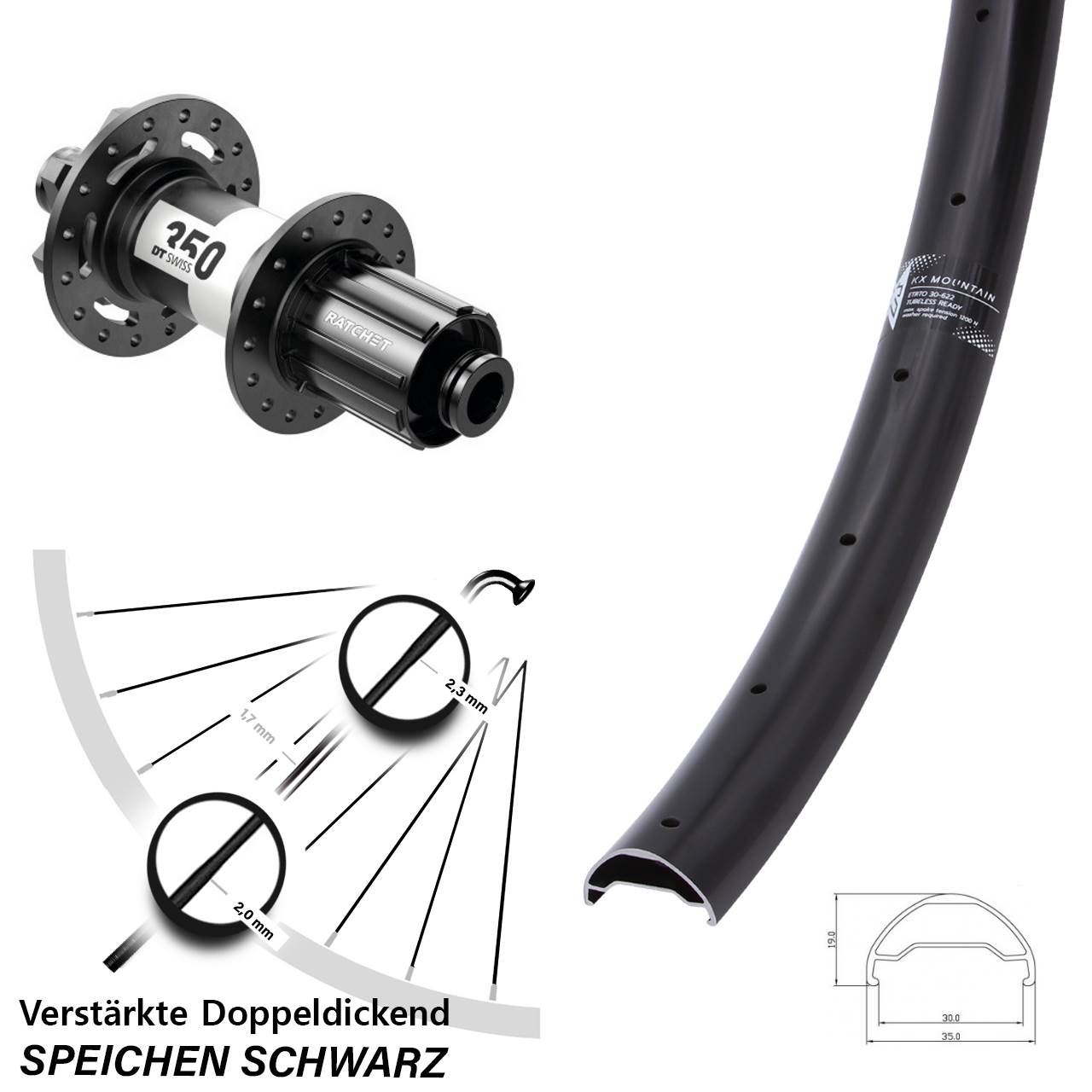 29 Zoll KX Mountain TR DT Swiss 350 Ratchet 36 Hinterrad 6-Loch 12x148 8-11 fach