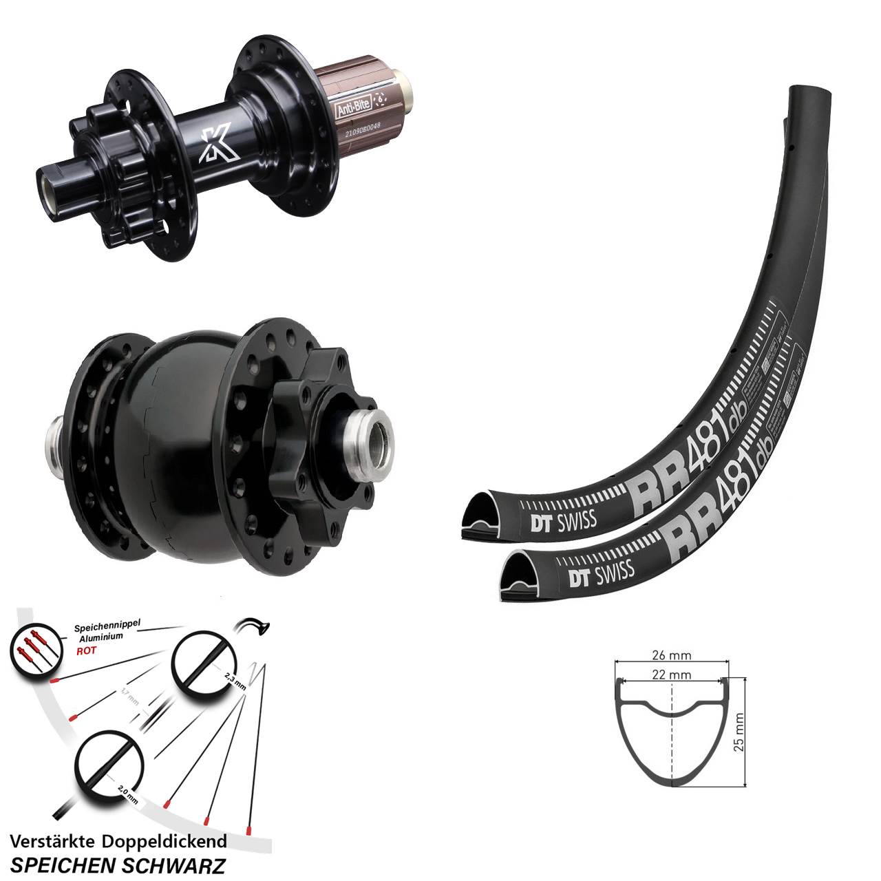 DT Swiss RR 481 KX-M Shimano Anti-Bite SON 28 Zoll Disc Laufradsatz 12x100/142 8-12 fach