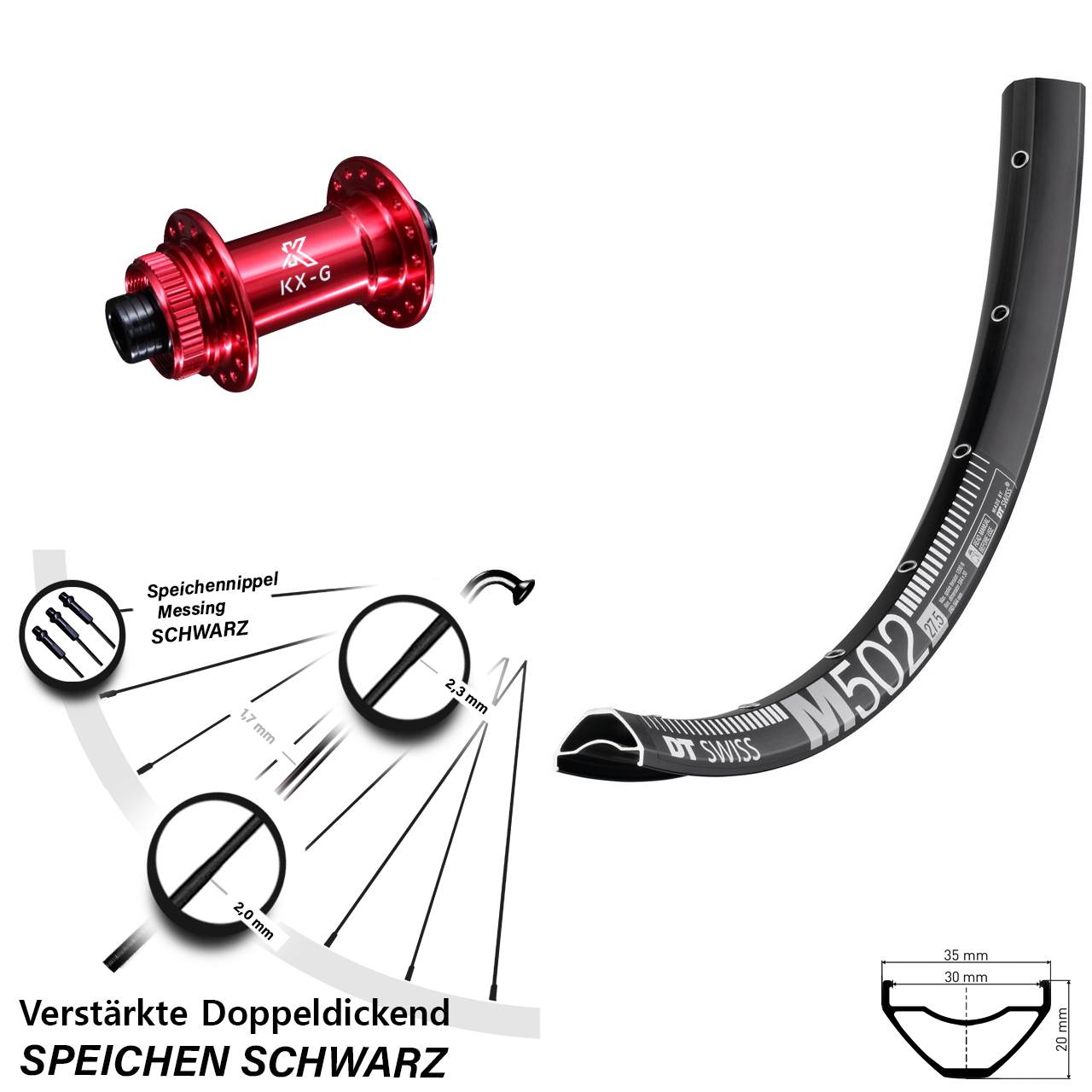 Vorderrad Centerlock 15x100 29 Zoll DT Swiss M 502 KX-G rot