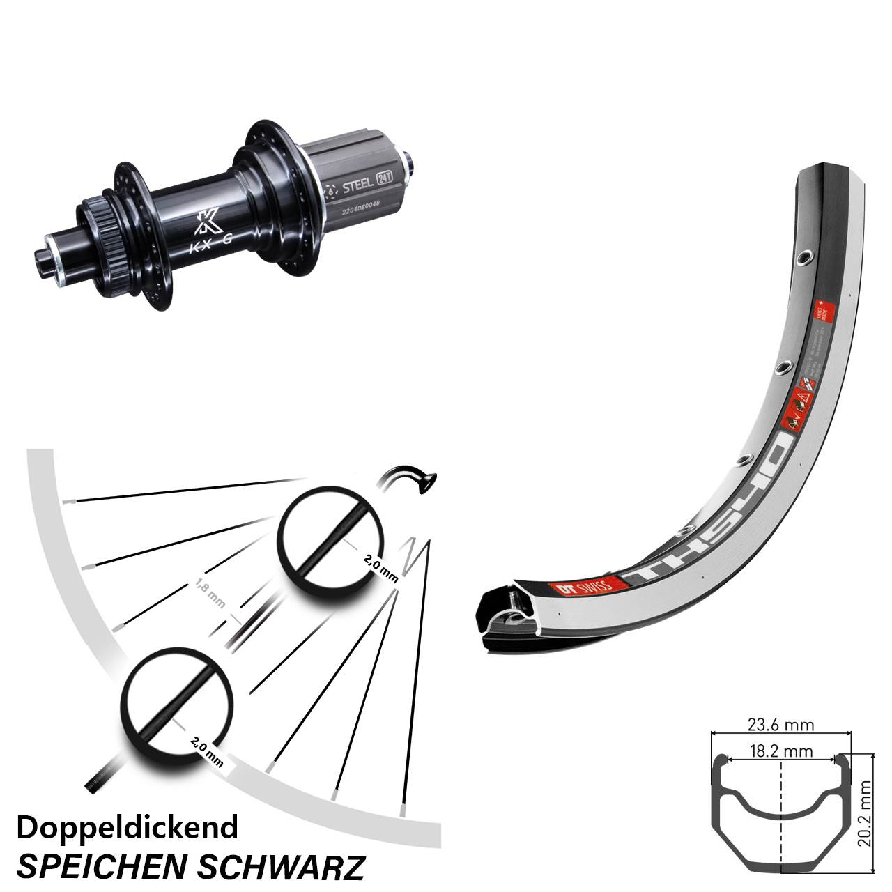 28 Zoll Hinterrad DT Swiss TK 540 Felgenbremse mit KX-GS 5x135 Nabe 8-12 fach