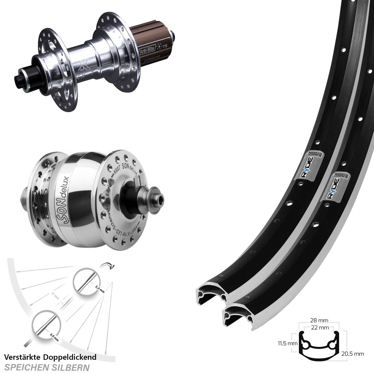Laufradsatz für Schnellspanner 650B Ryde Andra 35 KX-T SONdelux poliert 8-12 fach