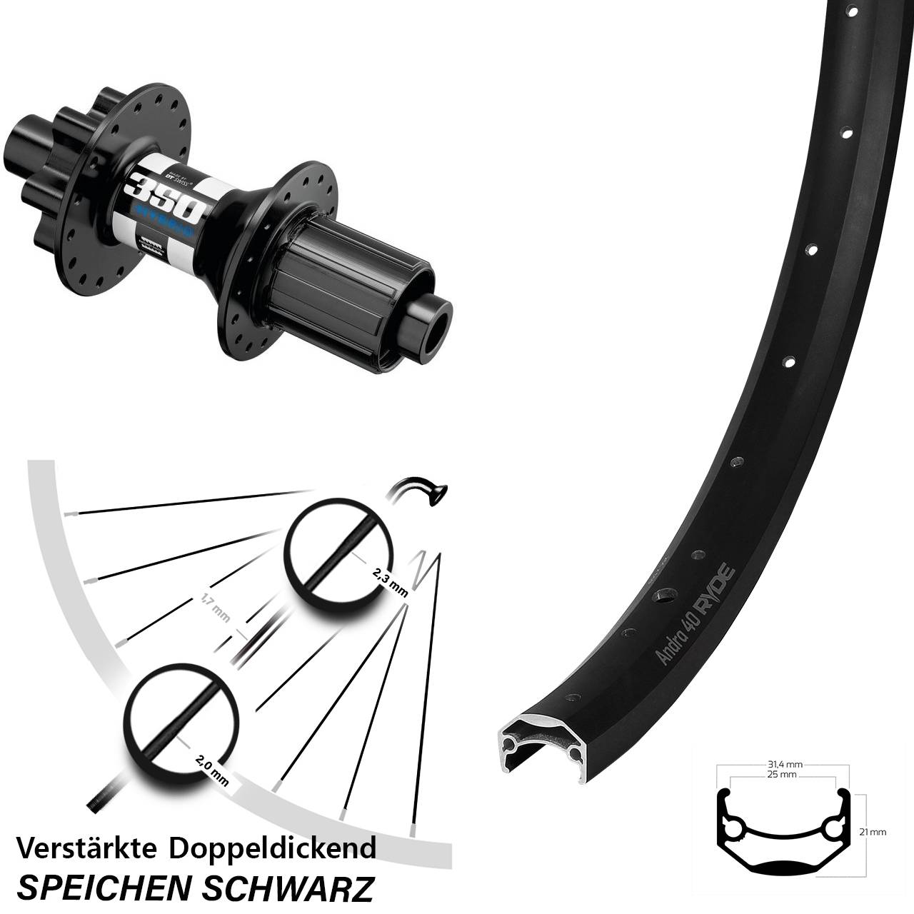 Ryde Andra 40 Disc DT Swiss 350 Hybrid 29 Zoll 6-Loch Hinterrad 12x148 Boost 8-11 fach HG