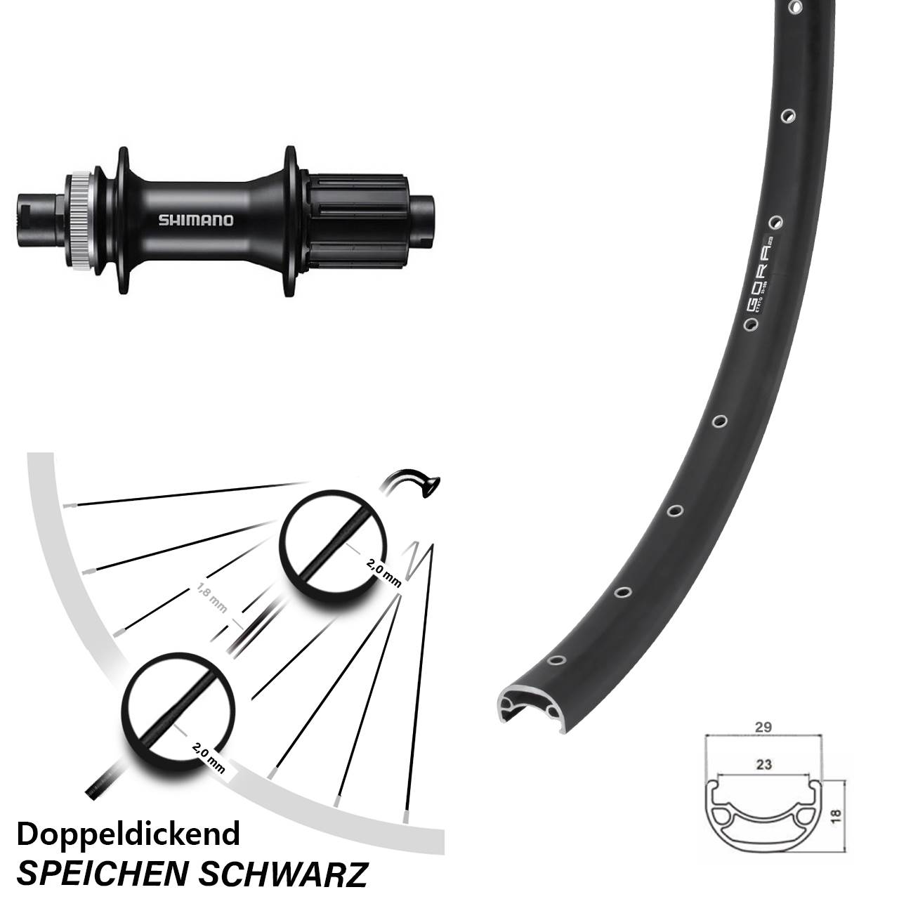 26 Zoll Gora 23 Shimano FH-MT400 Disc Laufrad 12x142 8-11 fach