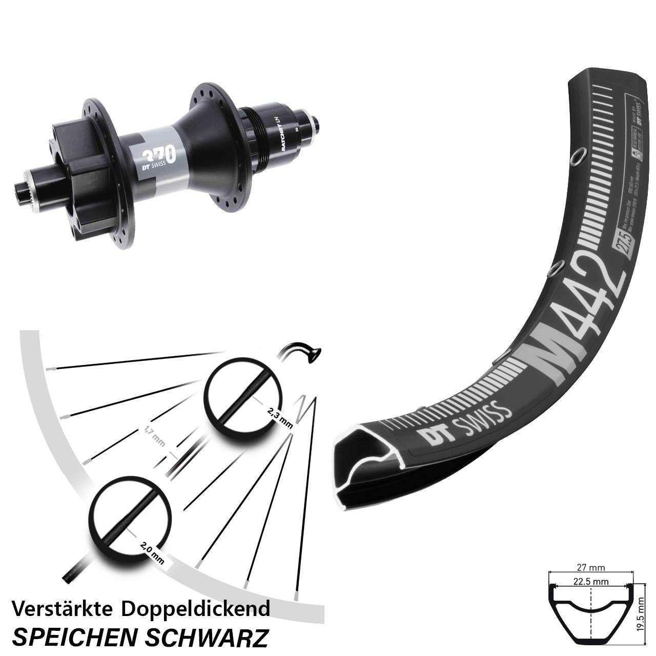 Hinterrad 6-Loch 28 Zoll DT Swiss M442-370 SRAM XD für Schnellspanner Boost