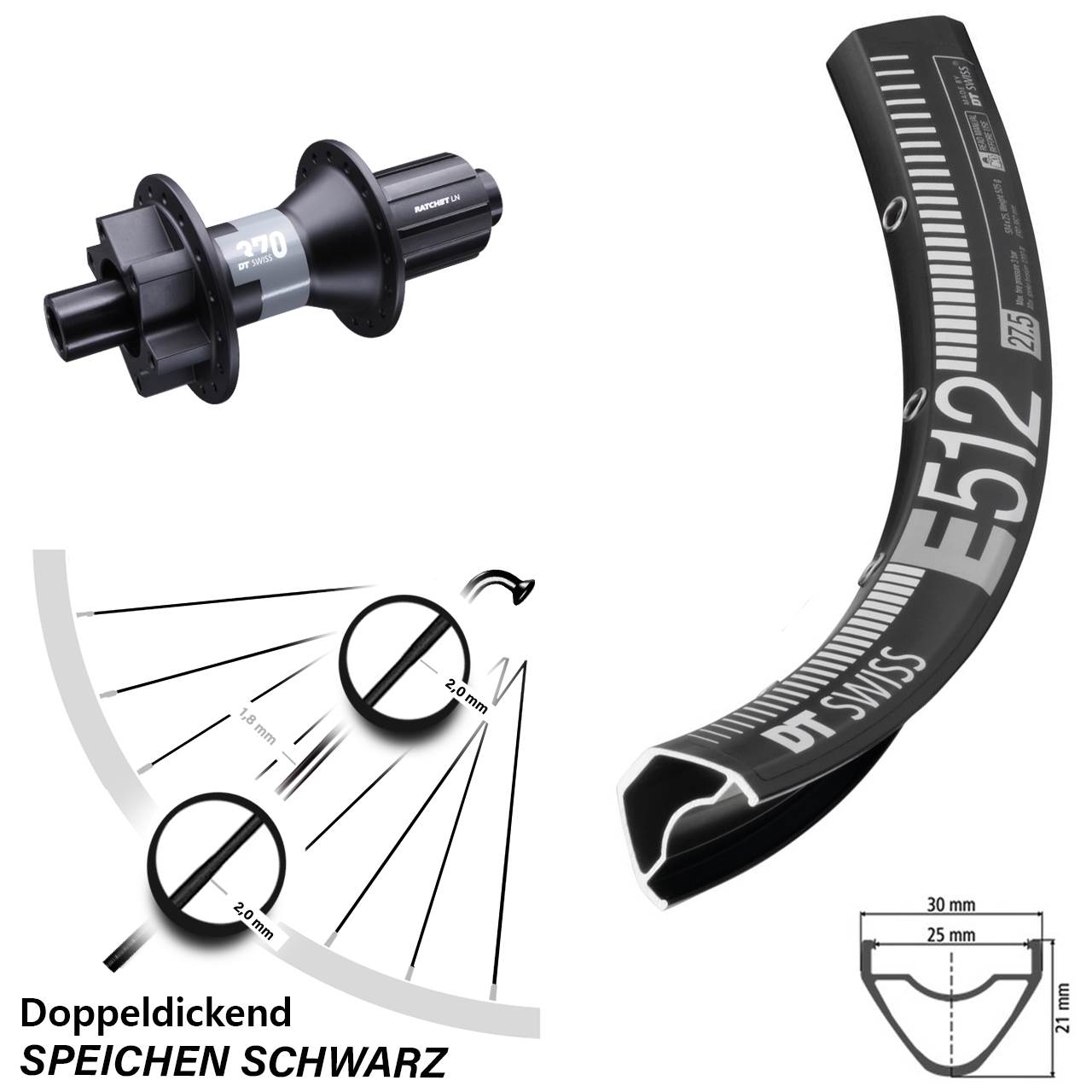 27,5 Zoll Hinterrad E 512 DT Swiss 370 Steckachse 12x142 mm 6-loch 11-fach