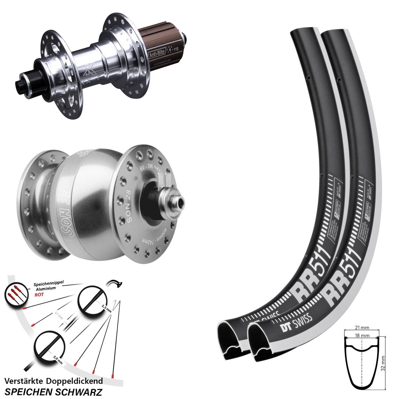 DT Swiss RR511 KX-T SON 28 Zoll Laufradsatz QR 8-12 fach