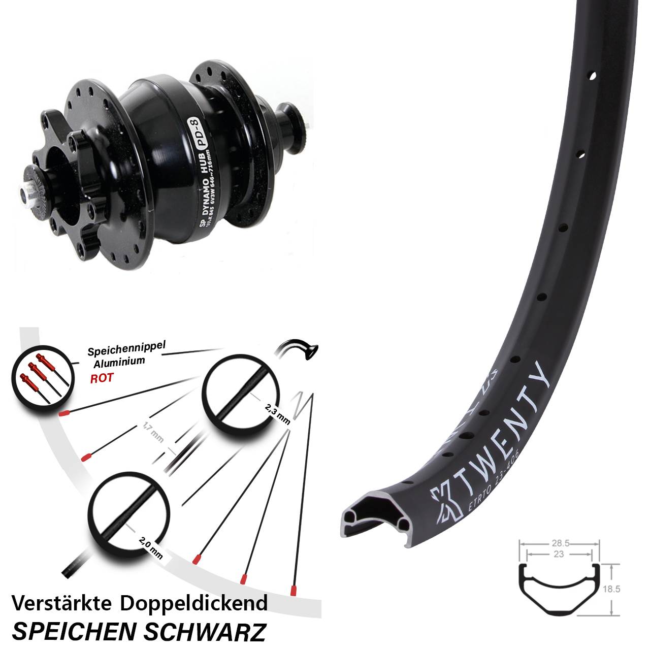 KX Twenty Shutter Precision PD-8 20 Zoll Disc Vorderrad mit Nabendynamo für Schnellspanner