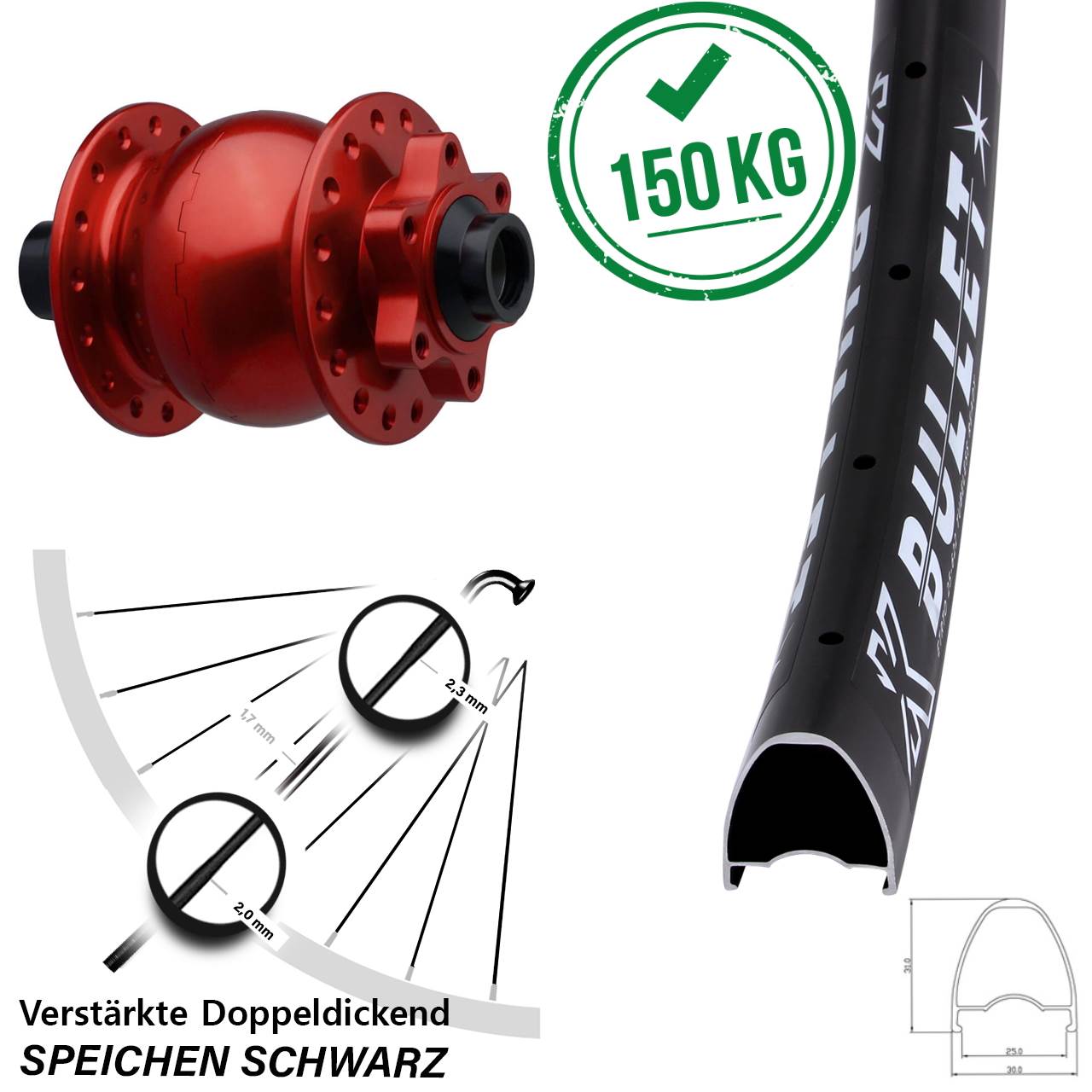 SON 28 rot KX Bullet 28-29 Zoll Disc Vorderrad mit Nabendynamo 15x110 Boost