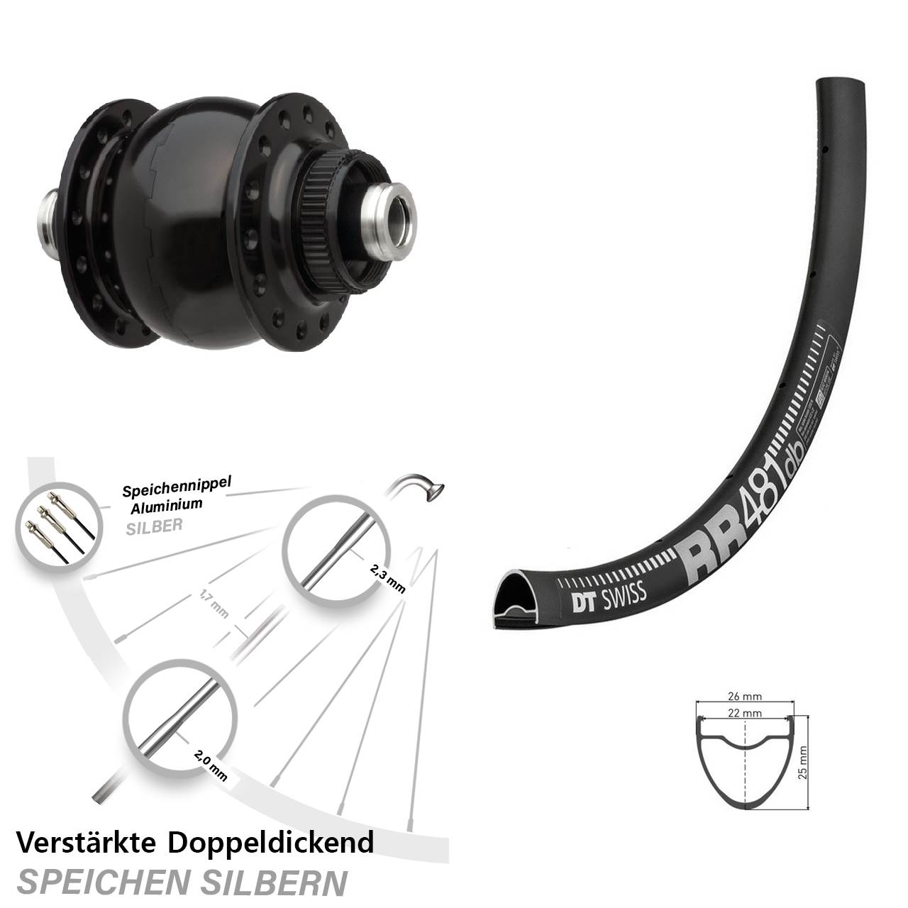 28 Zoll Nabendynamo Vorderrad DT Swiss RR 481 DB SON delux für Steckachse schwarz