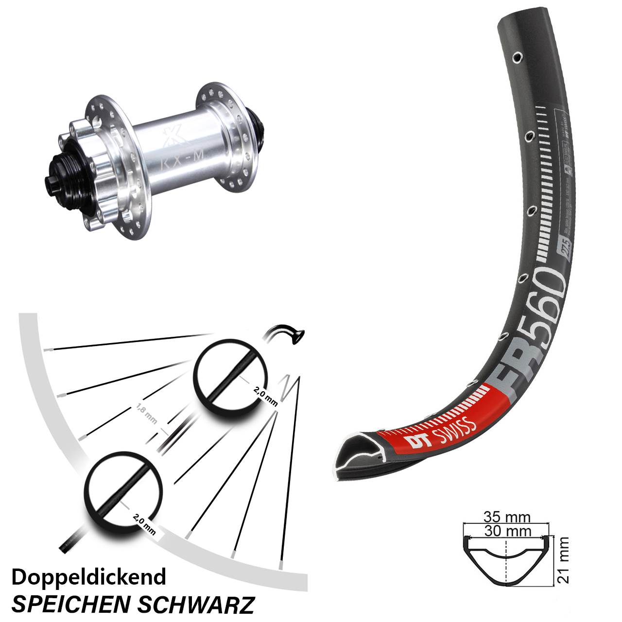Laufrad 26 Zoll DT Swiss FR 560 Disc KX-M 6-Loch 5/100 silbern