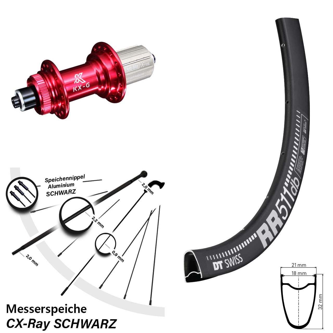 28 Zoll DT Swiss RR 511 KX-G rot Hinterrad Schnellspanner 8-12 fach HG CX-Ray