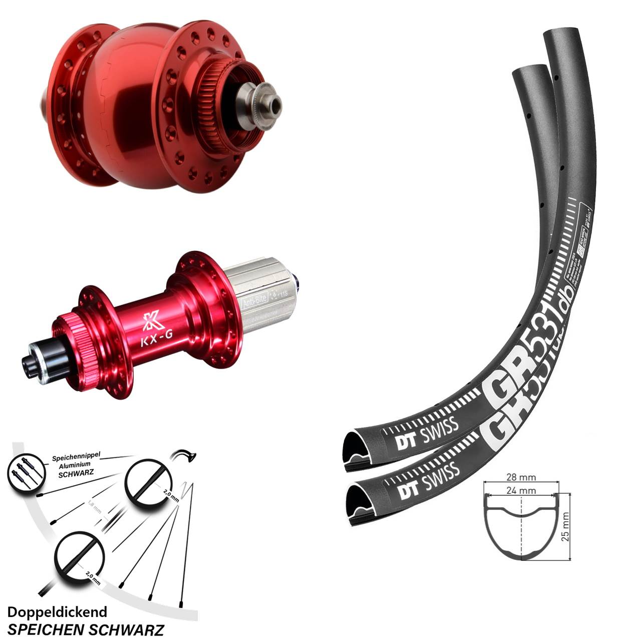 Laufradsatz Dynamo SON 28 KX-G rot eloxiert 28-29 Zoll DT Swiss GR 531