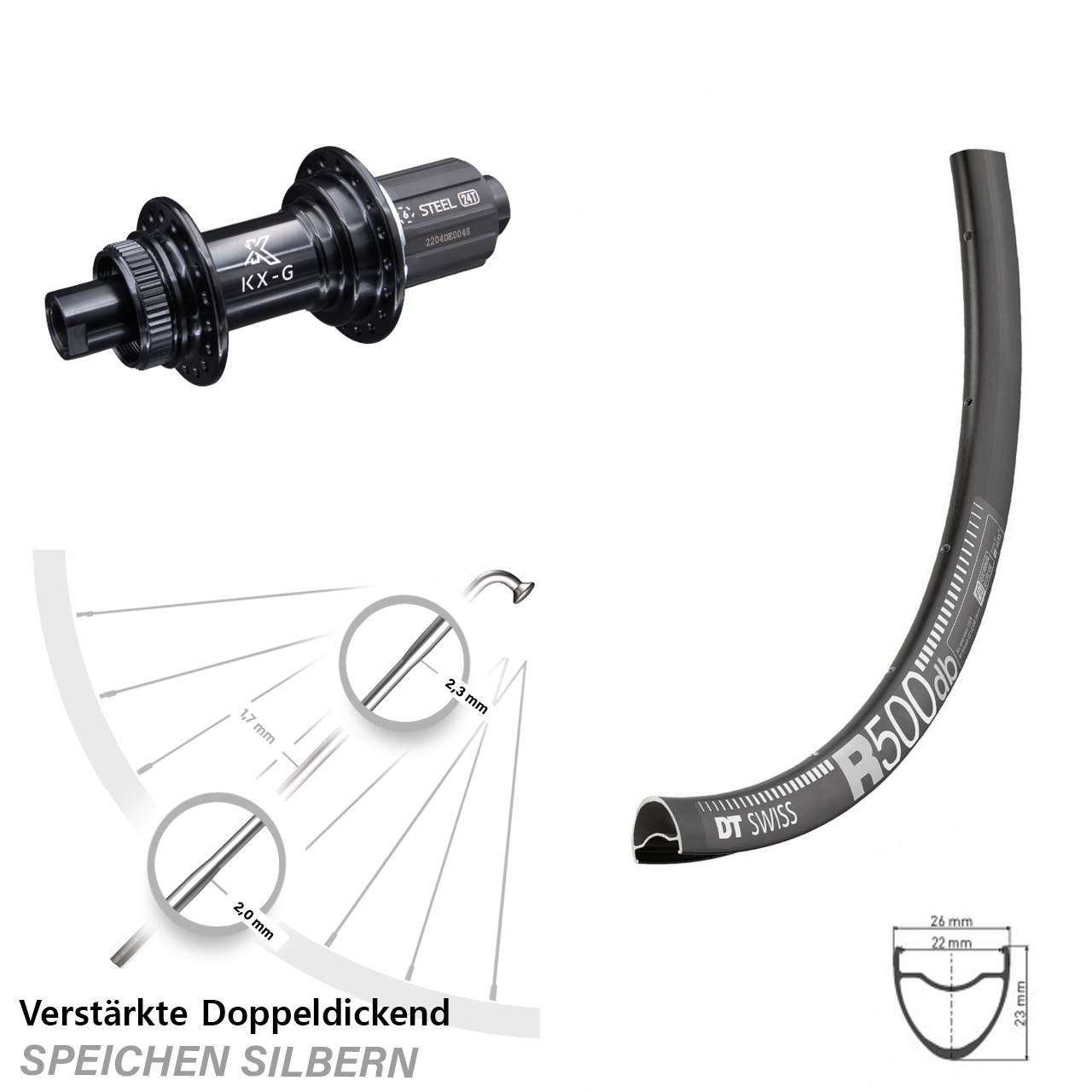 DT Swiss R 500 Disc Hinterrad 28 Zoll KX-GS Nabe 12x142 mm Centerlock 8-12 fach